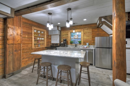 Happy Trout Hideaway- Island view of the kitchen area