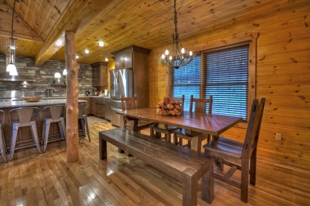 Hogback Haven- Dining area with rustic hanging light fixture