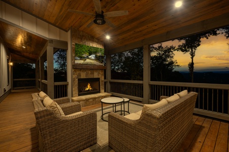 Wine Down Ridge - Entry Level Deck Fireplace Seating at Dusk