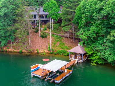 Gleesome Inn- Aerial lake view with gazebo on the lake and full dock access