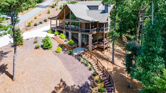 Mountain Echoes- Aerial view of the cabin leading down to the fireplace