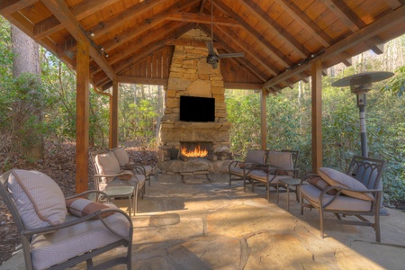 Rushing Waters - Covered Seating Area and fireplace