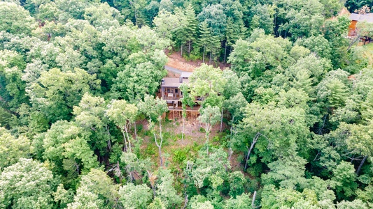 Feather & Fawn Lodge- Aerial view of the backside of the cabin