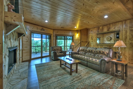 Deer Trails Cabin - Lower Level Living Room with Deck Access