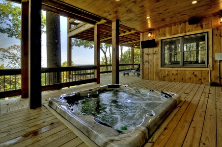 The Vue Over Blue Ridge- Long range view of the mountains with a hot tub