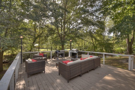 Sipping Rise- Back deck seating area with creek views