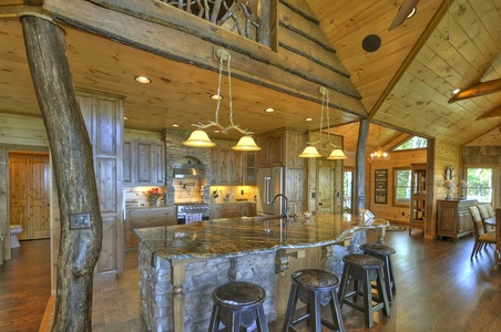The Vue Over Blue Ridge- Kitchen area with an island and stool seating