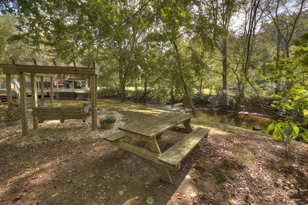 Sipping Rise- Firepit area with a picnic table