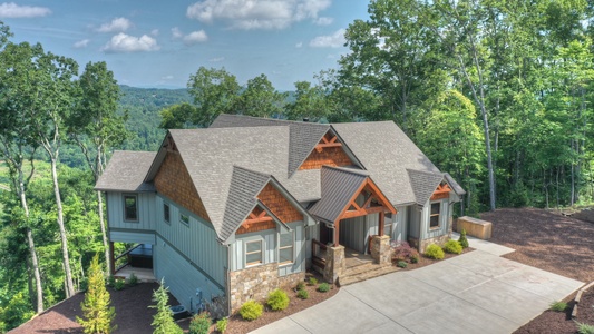 New Heights- Aerial view of the cabin looking on the entrance