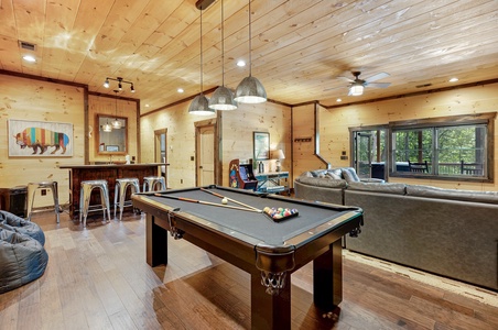 Mountain Echoes- Game room with  a pool table and lounge area
