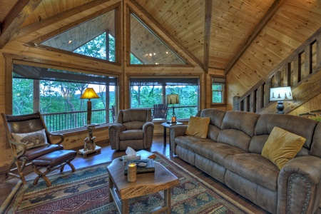 Deer Trails Cabin - Living Room with Forest and Mountain Views