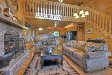 Sunrock Mountain Hideaway- Living room view from the fireplace looking onto the kitchen