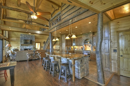 The Vue Over Blue Ridge- Full view of the open floor plan with rustic furnishings