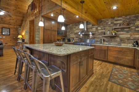 Hogback Haven- Island view with stools and kitchen seating