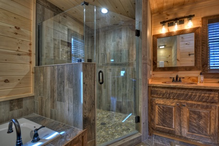 Whisky Creek Retreat- Walk in shower in the main level bathroom