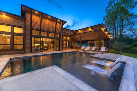 Cohutta Mountain Retreat- Exterior view of the cabin and pool