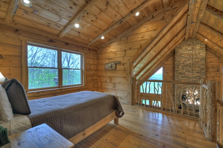 View From The Top- Upper level loft with a twin bed with rustic decor