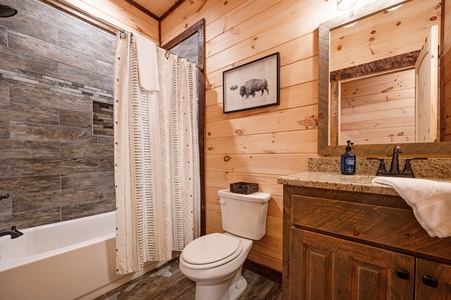 Feather & Fawn Lodge- Lower level shared bathroom with a step in  shower