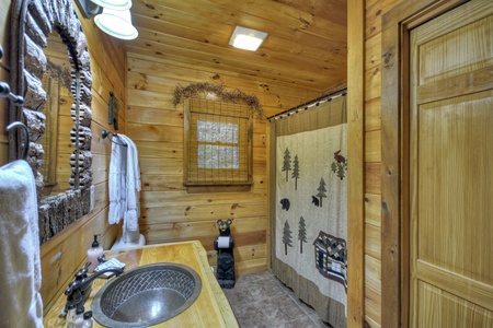 Aska Lodge- Main level bathroom with a sink and step in shower
