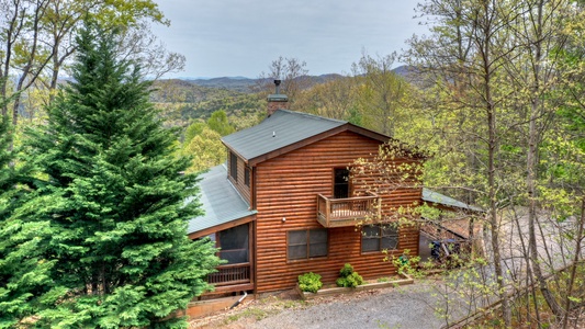 View From The Top- Full view of the cabin from the front with the driveway