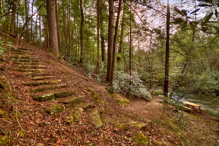 Reel Creek Lodge- Steps leading to Fightingtown Creek and picnic area