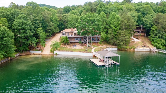 Blue Ridge Lakeside Chateau- Aerial back view of the Chateau and dock access