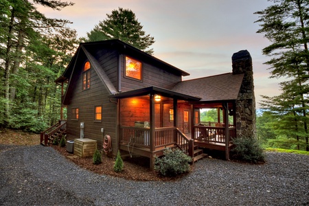 Mountain High Lodge -Front View of Cabin at Dusk