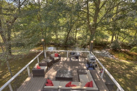 Sipping Rise- Back deck seating area overlooking the Fightingtown Creek