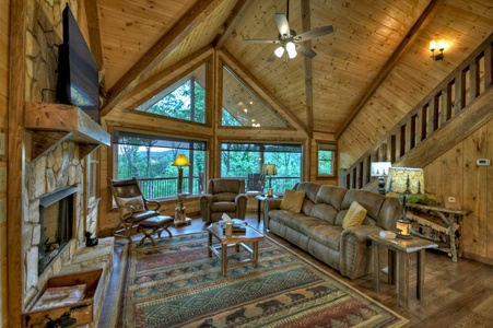 Deer Trails Cabin - Living Room with Forest and Mountain Views