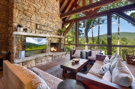 Copperline Lodge - Deck Lounge with TV and Wood Burning Fireplace