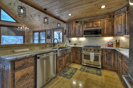 Whisky Creek Retreat-Kitchen area with rustic cabinet decor