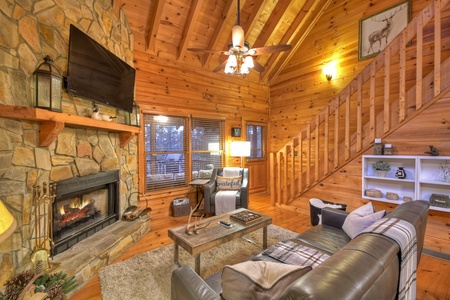 Blue Lake Cabin - Living Room with Wood-Burning Fireplace