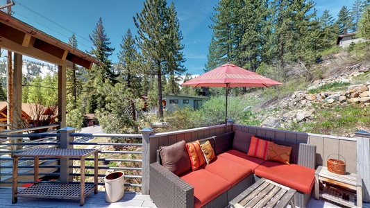 Outdoor sofa on the patio of this squaw valley rental: Eagle's Nest Lodge