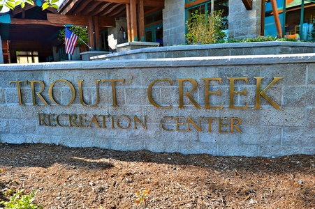 Trout Creek Rec Center entrance sign: Falcon's Eye View Retreat
