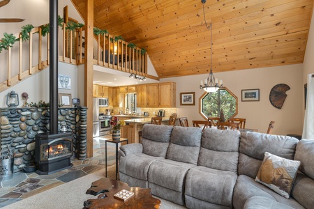 Family Room with view of kitchen: Pinecone Lodge with Private Hot tub