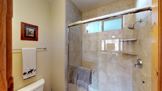 Walk in shower in bathroom: Truckee Cinnabar Vacation Retreat