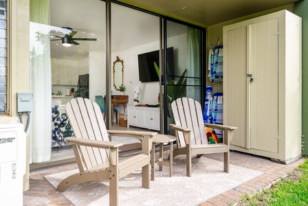 Step out to your private patio with comfortable Adirondack chairs and a storage cabinet for all your beach gear—perfect for unwinding after a day of fun.