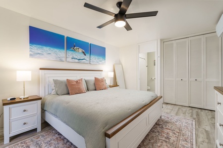 Unwind in your serene bedroom with plush linens, coastal touches, and ample closet space for all your vacation essentials.