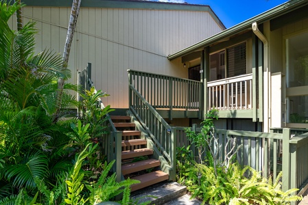 A welcoming property entrance surrounded by lush tropical palms and ferns, creating a serene island atmosphere under bright blue skies.