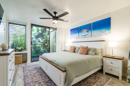 Drift off in your coastal sanctuary, where soft linens and gentle tropical breezes from the private patio create the perfect retreat after a day of adventure.