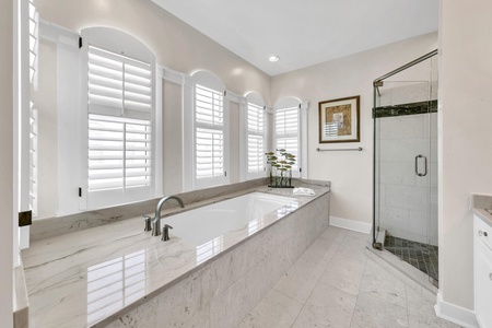 Master bath soaking tub and walk-in shower!