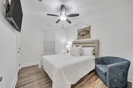 The guest bedroom offers a queen size bed, with full bathroom across the hall!