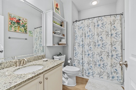 The guest bathroom includes a tub-shower combo!