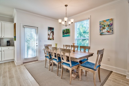 The dining room features comfortable seating for eight people!