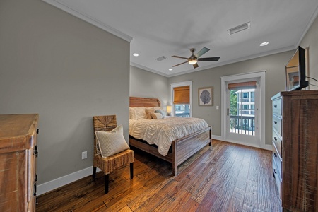 The master bedroom, with king bed, private bath, walk-in shower, and balcony!