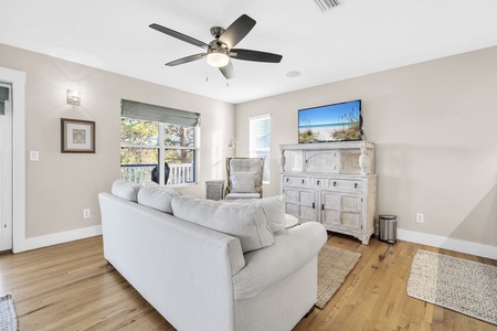 The 3rd floor master suite includes a sofa sleeper, flat screen TV and wet bar.