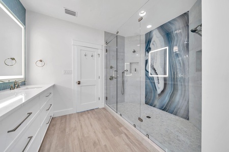 The ground floor king suite features a huge walk-in shower!