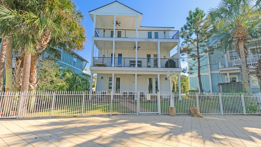 Multiple shaded balconies face toward the pool!