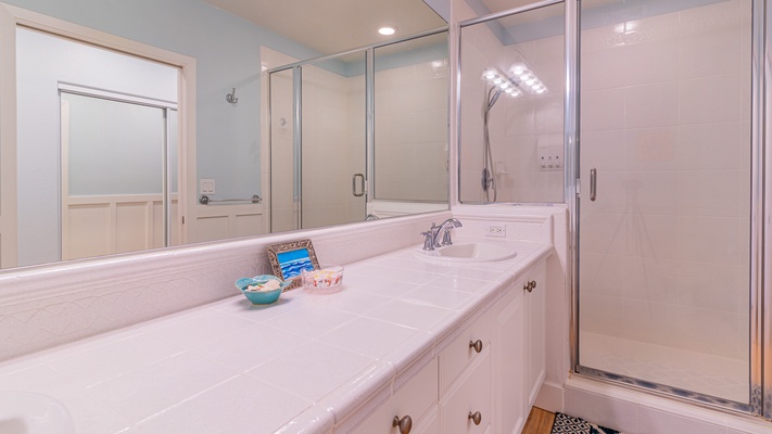 The primary guest bathroom with a large vanity.