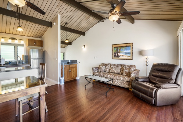 Comfortable living room with vaulted ceilings and Ocean views!